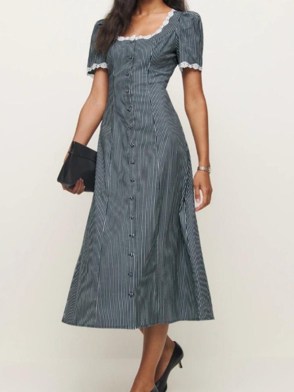Reformation Alida Dress 10 large medium strip button maxi midi navy blue white - Picture 1 of 2